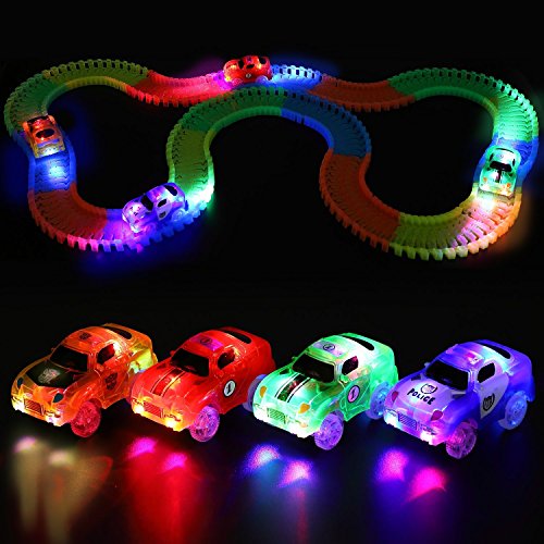 4 Packs Toy Train Cars Light-Up Fast Speed Magic Fast Tracks Cars Replacement Track Race Car Toy 5 LED Lights Racing Cars Track Accessories Compatible with Most Tracks Endless Fun for Boys & Girls