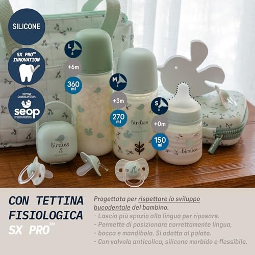 Set Biberon Neonati, 4 Biberon + Ciuccio, +0M, Birdies Verde