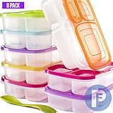 Bento Lunch Box 3 Compartment Food Containers – Set of 8 Storage meal prep Container Boxes– Ideal for Adults, Toddler, Kids, Girls, and Boys – Free Fork/Spoon & Puzzle Sandwich Cutter