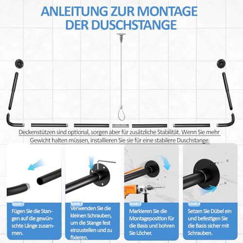 Shower Curtain Rail U Shape/L Shape, [60-92] × [78-196] × [60-92] cm Adjustable Shower Rail Corner with 12 Curtain Rings & Ceiling Support for Bathtub/Bathroom, Drilling Assembly Required, Black