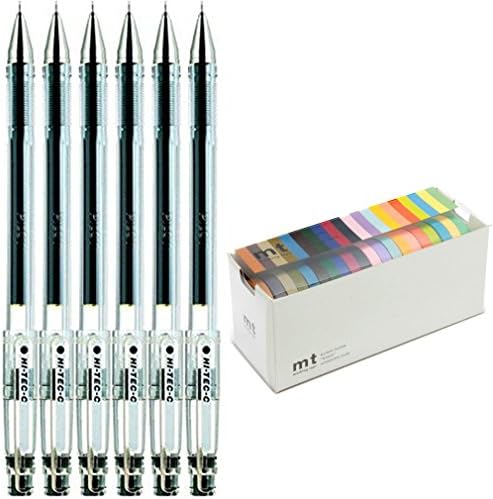 Pilot Hi-Tec-C 03 Gel Ball Point Pen (LH-20C3-B) , 0.3mm Extra Fine, Black, 6 pens per Pack + MT Washi Masking Tapes, Set of 20, Bright & Cool Colors (MT20P002)