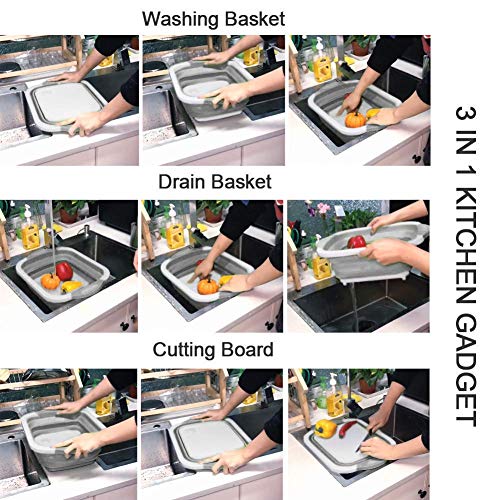 Collapsible Cutting Board with Dish Tub | Basket with Draining Plug | Collapsible Colander and Dish Sink Tub Storage Basket - 3 in 1 Multifunction Kitchen Kit - Thumbnail 4