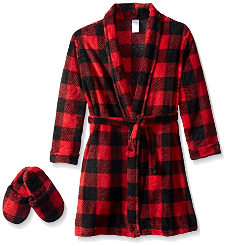 Too Cool 2 Sleep Little Boys' Buffalo Check Robe with Slippers, Red, 4T