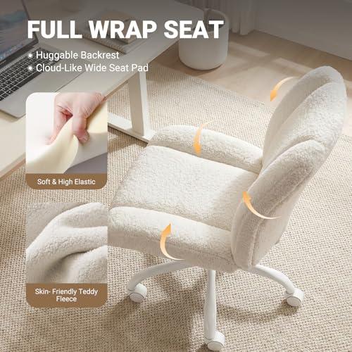 KRAMZMING Vanity Chair with Wheels, Cute Desk Chair with Back, Armless Office Chair Height Adjustable, Soft Lumbar Support for Small Space, Bedroom, Make-up Room（White）