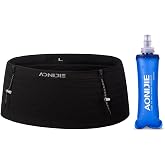 AONIJIE Running Belt with 250ml Soft Flask for Women and Men Lightweight &amp; Non-slip Black Fanny Pack Fits All Size Phones Passport and More (Black with 250ml Soft Flask, M)