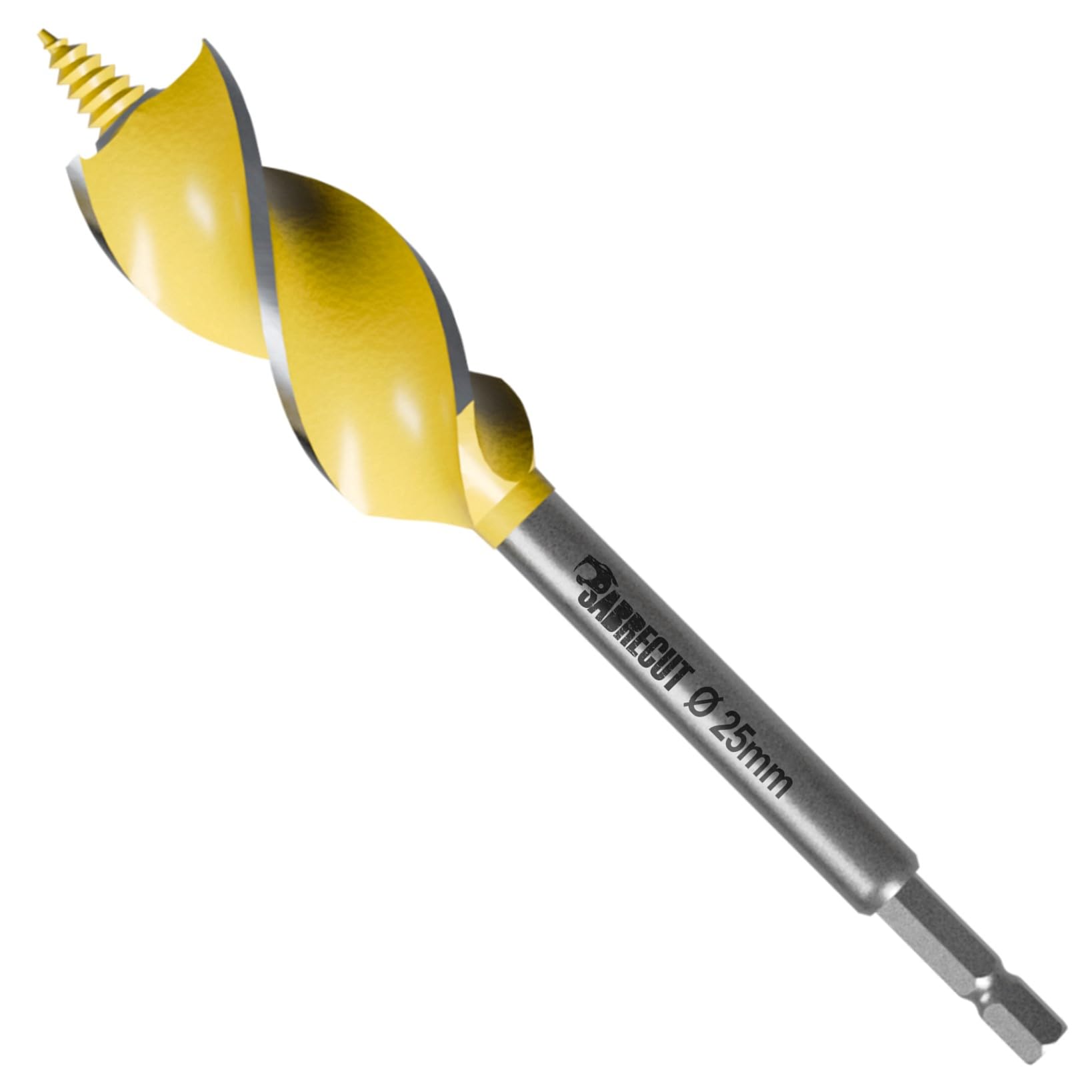 1 x SabreCut SCAG025 25mm x 165mm Wood Auger Quad Flute Self Feed Tip Grooved Hex Shank Drill Bit for High Speed Drilling in Wood and MDF