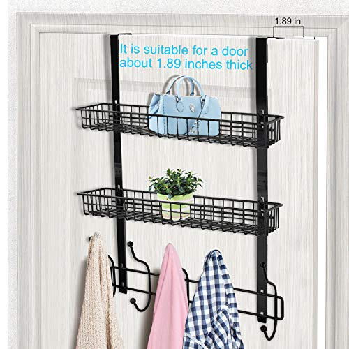 Coat Rack, MILIJIA Over The Door Hanger with Mesh Basket, Detachable Storage Shelf for Towels, Hats, Handbags, Coats (Black-2 Layer) - Thumbnail 3