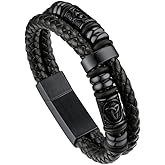 Bandmax Mens Black Double Wax Rope Cuff Bracelets Waterproof Stainless Steel Norse Style Celtic Knot Beads Bracelet Wristband Gift for Men