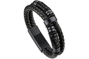 Bandmax Mens Double Row Black Braided Leather Wristband Stainless Steel Beaded Double Layer Leather Cord Wristband Bangle Gift for Men