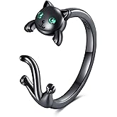 VONALA 925 Sterling Silver Gold Plated/Black Cat Ring for Women Men Open Ring suit 6-8#