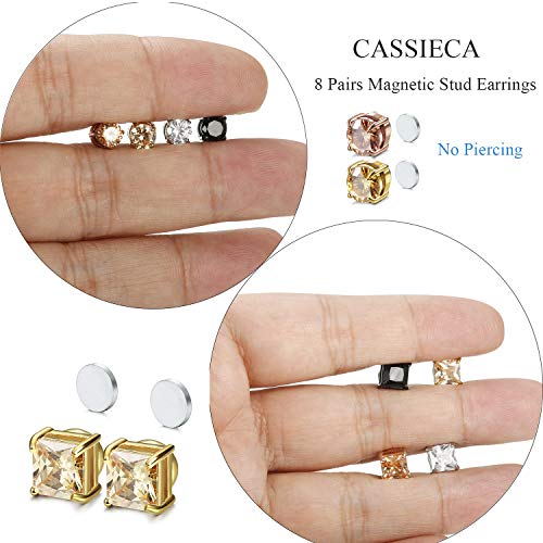 CASSIECA 8 Pairs Stainless Steel Stud Earring for Men Women CZ