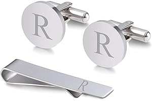 WIGERLON Initial Cufflinks and Tie Clip Set for Men,Stainless steel Letter Cuff Links and Tie Bar Set gift for Father Husband Son Boyfriend
