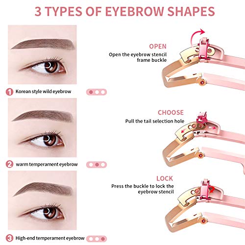 ZRO Eyebrow Stencils Reusable Make Up Eyebrow Template, Folding Adjustable 3 Eyebrow Shapes Stencils Makeup Model Shaping Template Eyebrow Tool (Pink)