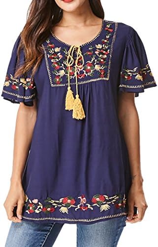 in2you Bohemian Mexican Floral Embroidered Tunic Top with Relaxed Short Ruffled Sleeves (S/M, Navy)