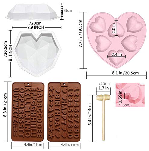 Diamond Heart Shaped Silicone Chocolate Mold, 7pcs Diamond Heart Mousse Cake Mold Trays with Wooden Hammers, Number and Letter Mold, Heart Button Fondant Mold for Valentine Candy Chocolate