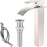 VOTON Vessel Sink Faucet Brushed Nickel Modern Tall Waterfall Bathroom Sink Faucet with Pop-Up Drain Single Handle Bathroom Faucet 1 Hole Bowl Lavatory Vanity Faucet, Rv Sink Camper Farmhouse Faucet