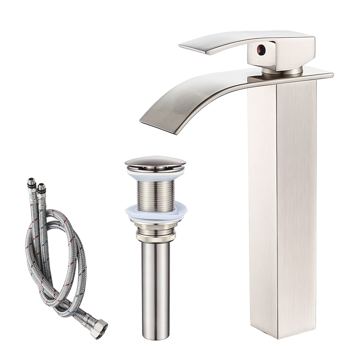 Photo 1 of VOTON Vessel Sink Faucet Brushed Nickel Modern Tall Waterfall Bathroom Sink Faucet with Pop-Up Drain Single Handle Bathroom Faucet 1 Hole Bowl Lavatory Vanity Faucet, Rv Sink Camper Farmhouse Faucet