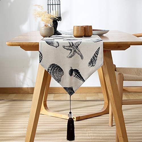 XYZDY European Modern Marine Shell Pattern Cotton Linen Catering Coffee Table Runners Tapestry Cloth And Tassels 33x200cm ocean