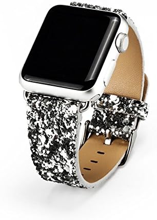 Mankebos Christmas Shiny Glitter Power PU Leather Bling Luxury iWatch Band Wristwatch Bracelet Strap Belt for Apple Watch (Silver, 42mm)