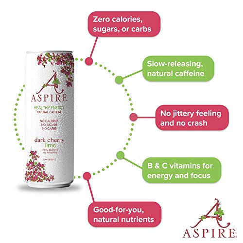 ASPIRE Healthy Energy Drink Dark Cherry Lime, 4 Pack Zero Sugar, Calories or Carbs Keto