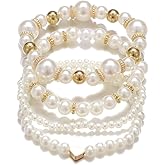TIANHONGYAN Chunky Simulated Pearl Stackable Beaded Stretch Bracelets Set for Women Adjustable Multilayered Elastic Pearl Bangles Boho Beach Holiday Wedding Jewelry