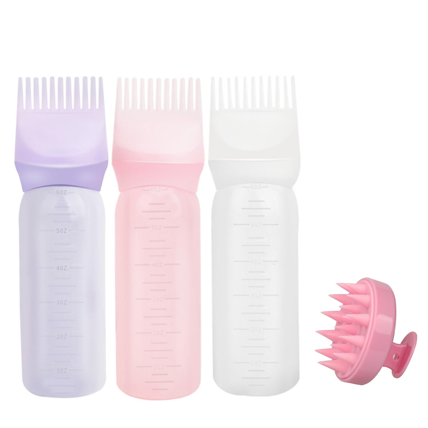 3pcs Root Comb Applicator Bottle with 1pc Scalp Massage Brush, Massage Comb, Hair Coloring Brush Bottle with Graduation, Hair Coloring Set, Salon Tools
