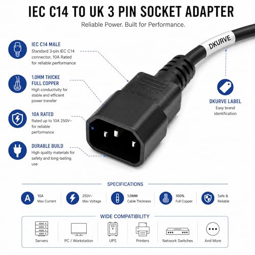 DKURVE® IEC C14 Male Plug to UK PDU/UPS Power Extension Cable,Quality UPS Power Cable IEC320 C14 Male Plug to UK 13A Female Socket, Connect C13 Adapter Lead Cord for PDU UPS 13A 250V (30CM)