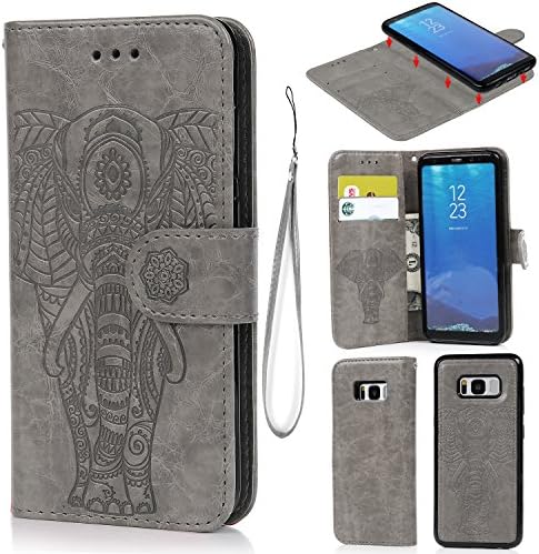 S8 Case, Wallet Case PU Leather Flip Case 2 in 1 Case Magnetic Detachable TPU Cover Embossed Elephant Design Card Slots Cover Wrist Strap Case Shockproof Case Phone Cover for Samsung Galaxy S8 -Gray