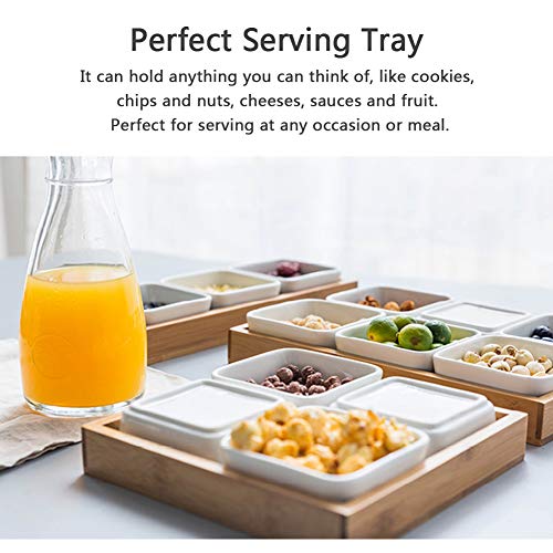 HaloVa Serving Tray, Removable Ceramic Compartment Bowls with Bamboo Tray, Snack Tray, Appetizer Tray, Fruit Tray, and Multifunctional, 4 Grids