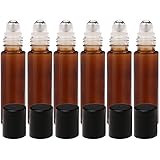 Kaith Glass Roll On Bottles With Metal Ball Best Quality [STAINLESS STEEL ROLLER] 10ml (1/3oz) Amber Glass -For Aromatherapy, Essential Oils, Perfumes and Lip Balms Set of 6