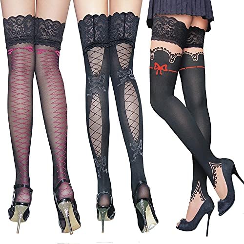 3 Pairs Women Lace Thigh High Stockings, Hold Up Semi Sheer Anti Skid Silk Tights Stocking
