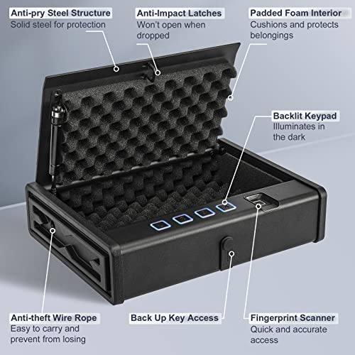 HARDROCK Biometric Gun Safe for Quick-Access Pistols Safe,Firearm Safety Device with Fingerprint Lock or Digital Key Pad for 2 Guns and More,Smart Handgun Safe Gun Lock Box for Home Bedside Car