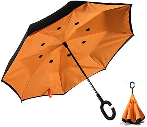 Awyio Creative Windproof Durable Double Layer Inverted Quick Dry Travel Straight Umbrella with Circular Cutout Pattern Waterproof UV Protection Self Standing with C-shaped Hands Free Handle,Orange