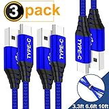 USB Type C Cable,AkoaDa 3-Pack (10ft+6.6ft+3.3ft) USB A to USB-C Fast Charger Nylon Braided Cord Compatible with Samsung Galaxy Note 9 8 S8 S9 S10 10 Plus,LG V50 V40 G8 G7 Thinq,Moto Z 3,Switch(Blue)
