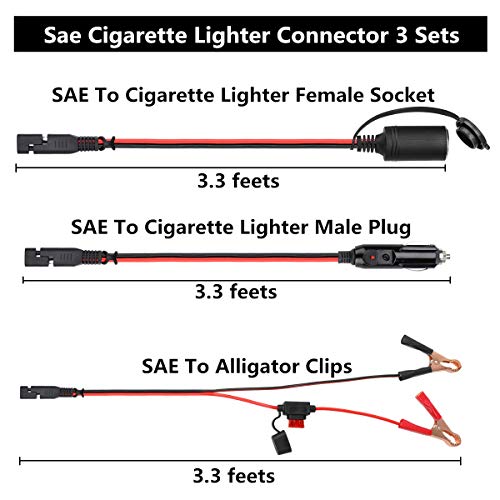 Sae Quick Release Charger Kit,SAE To Alligator Clips Connector Cable With Fuse,SAE Extension To 12V Cigarette Lighter Female Socket And Male Plug,3.4 FT 16AWG Heavy Duty Cord (3 Pack)