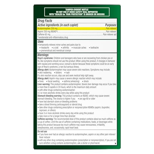 EXCEDRIN EXTRA STRENGTH PAIN RELIEF CAPLETS FOR HEADACHE RELIEF, ACETAMINOPHEN 500MG, ASPIRIN 250MG, CAFFEINE 65MG, PAIN RELIEVER, 200 COUNT