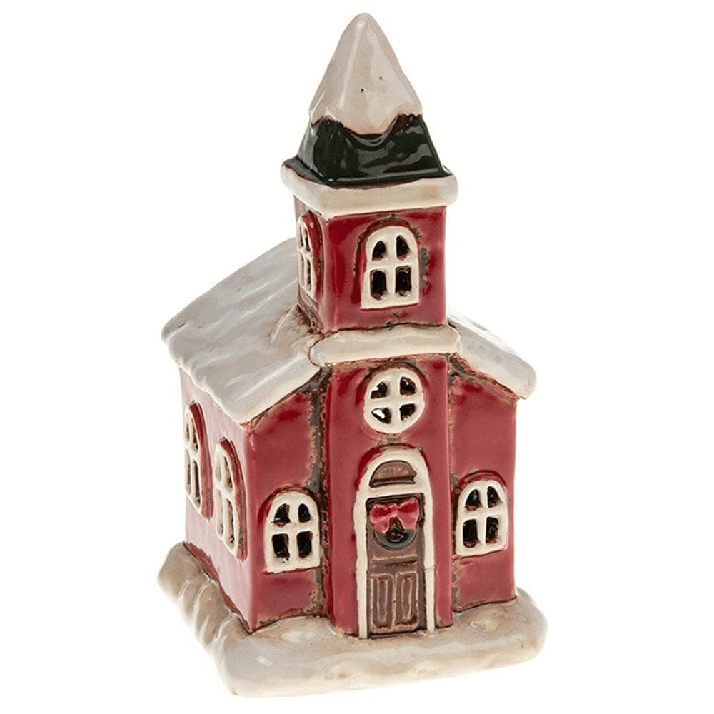 Christmas Cornish Village Pottery Lantern Red Church Tea Light Holder - 15cm