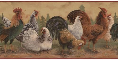 Burgundy Beige Rooster Wallpaper Border