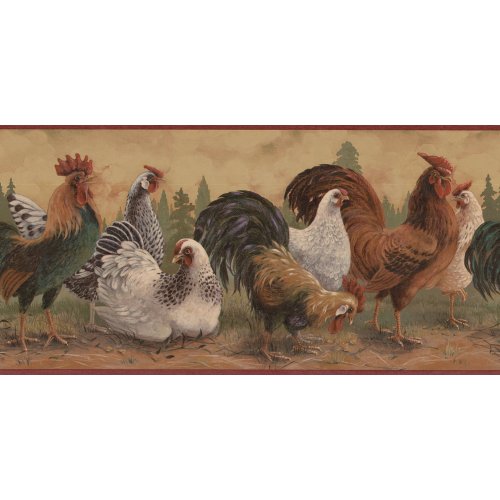 Burgundy Beige Rooster Wallpaper Border