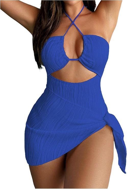 Photo 1 of SKAYS Womens One Piece Swimsuit Texture Hollow Out Halter Neck Solid Color Bathing Suit with Cover-Up 2-Piece Sets Swimwear Blue M