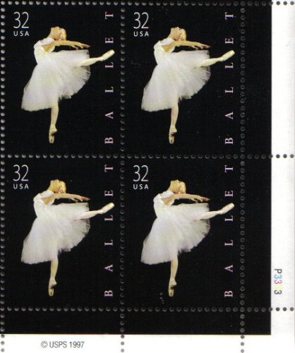 1998 AMERICAN BALLET #3237 Plate Block of 4 x 32 cents US Postage Stamps