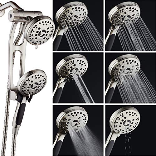 AquaSpa High Pressure 48-mode Luxury 3-way Combo with Adjustable Extension Arm - Dual Rain & Handheld Shower Head - Extra Long 6 Foot Stainless Steel Hose - All Brushed Nickel Finish - Top US Brand