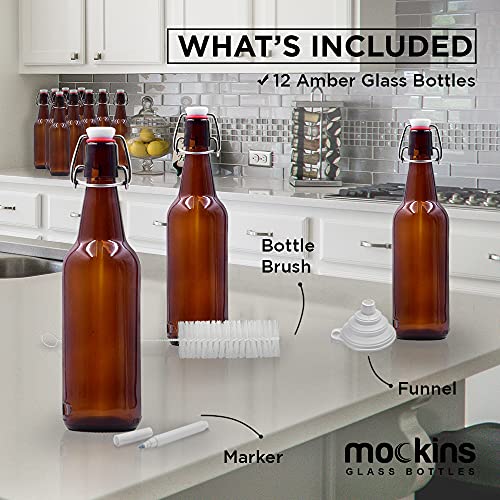 Mockins 12 Pack of Amber Glass Beer Bottles for Home Brewing 16 oz