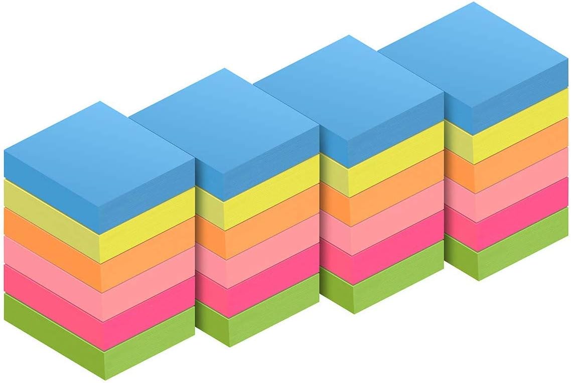 ZCZN Mini Sticky Notes, 1-1/2 x 2 Inches, 6 Neon Color Self-Stick Memo Note Pads, 100 Sheets/Pad, 24 Pads/Pack, Small Size