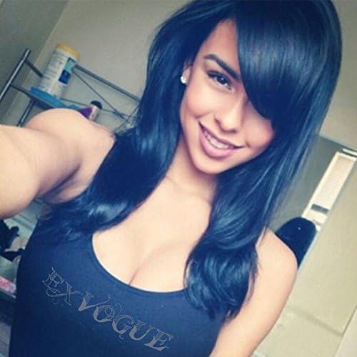 Exvogue Deep Royal Blue Synthetic Hair Medium Length Wigs with Side Fringe Bangs Slight Wave for Women