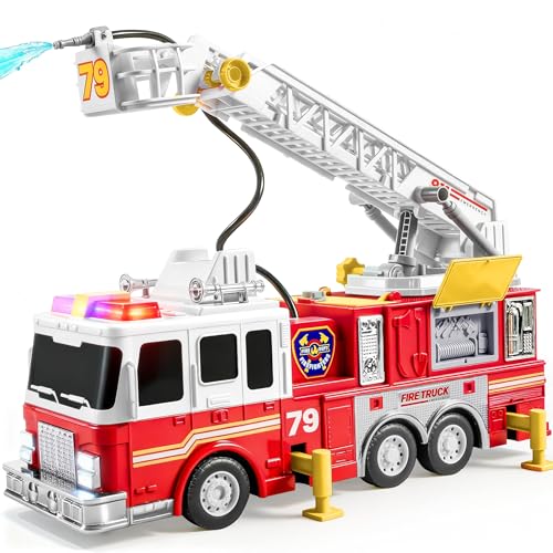 Extra Large Toddler Fire Truck Toys for Boys with 33-inch Ladder, Realistic Sirens, Lights & Sprinkler Pump, Big Firetruck Emergency Vehicle, Kids Toys for Age 2, 3, 4, 5, 6 Christmas Birthday Gifts