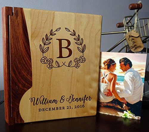LoveToCreateStamps Personalized Wood Cover Photo Album, Custom Engraved Wedding Album, Style 105 (Maple & Walnut Cover)