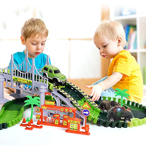 Bdwing Dinosaur Race Car Track Toys, Flexible Assembly Car Tracks Train Set for Boys Girls Toddlers and Kids (Extra 1 Set Traffic Signs) Best Gift for 2 3 4 5 Years Old