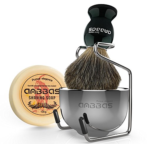 Shaving Brush Set,4in1 Anbbas Best Badger Bristles Shaving Brush Black Wood Handle and Goat Milk Soap 100g,Stainless Steel Shaving Stand and Soap Cup Kit Perfect for Men
