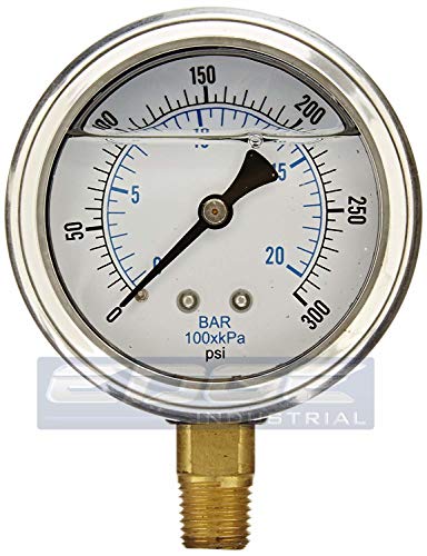 NEW STAINLESS STEEL LIQUID FILLED PRESSURE GAUGE WOG WATER OIL GAS 0 to 300 PSI LOWER MOUNT 0-300 PSI 1/4" NPT 2.5" FACE DIAL FOR COMPRESSOR HYDRAULIC AIR TANK